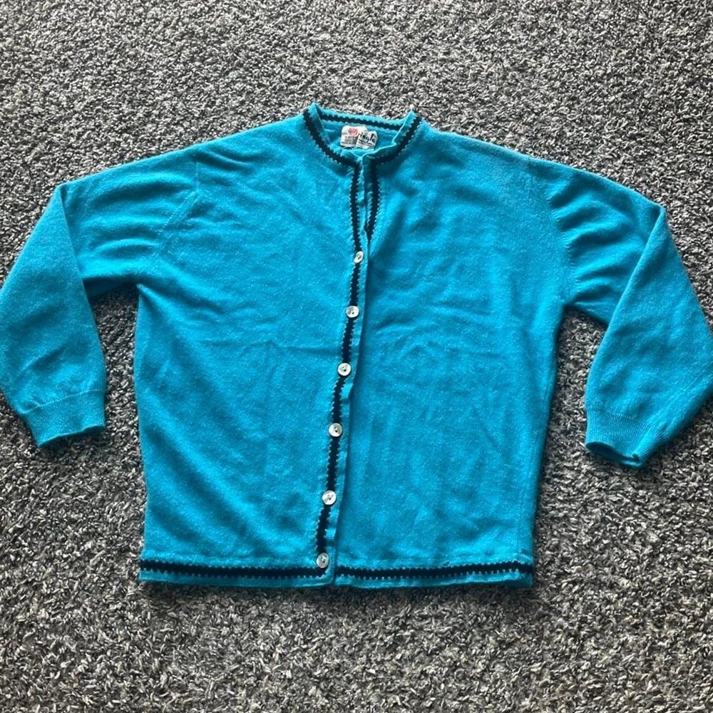 Pringle of Scotland Vintage Cashmere Cardigan Turquoise Blue Black Trim Womens